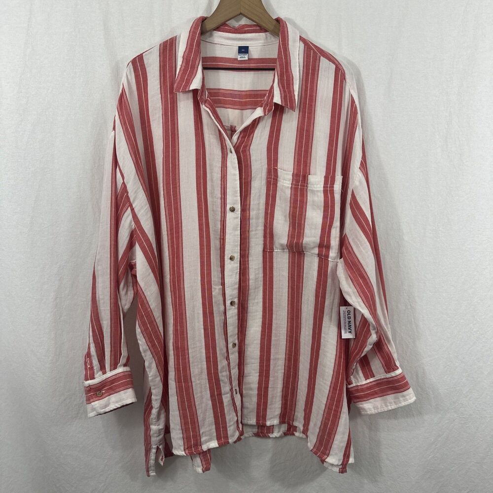 Old Navy Womens Cotton Crinkle Gauze Red White Striped Button Shirt Sz 3X Beach